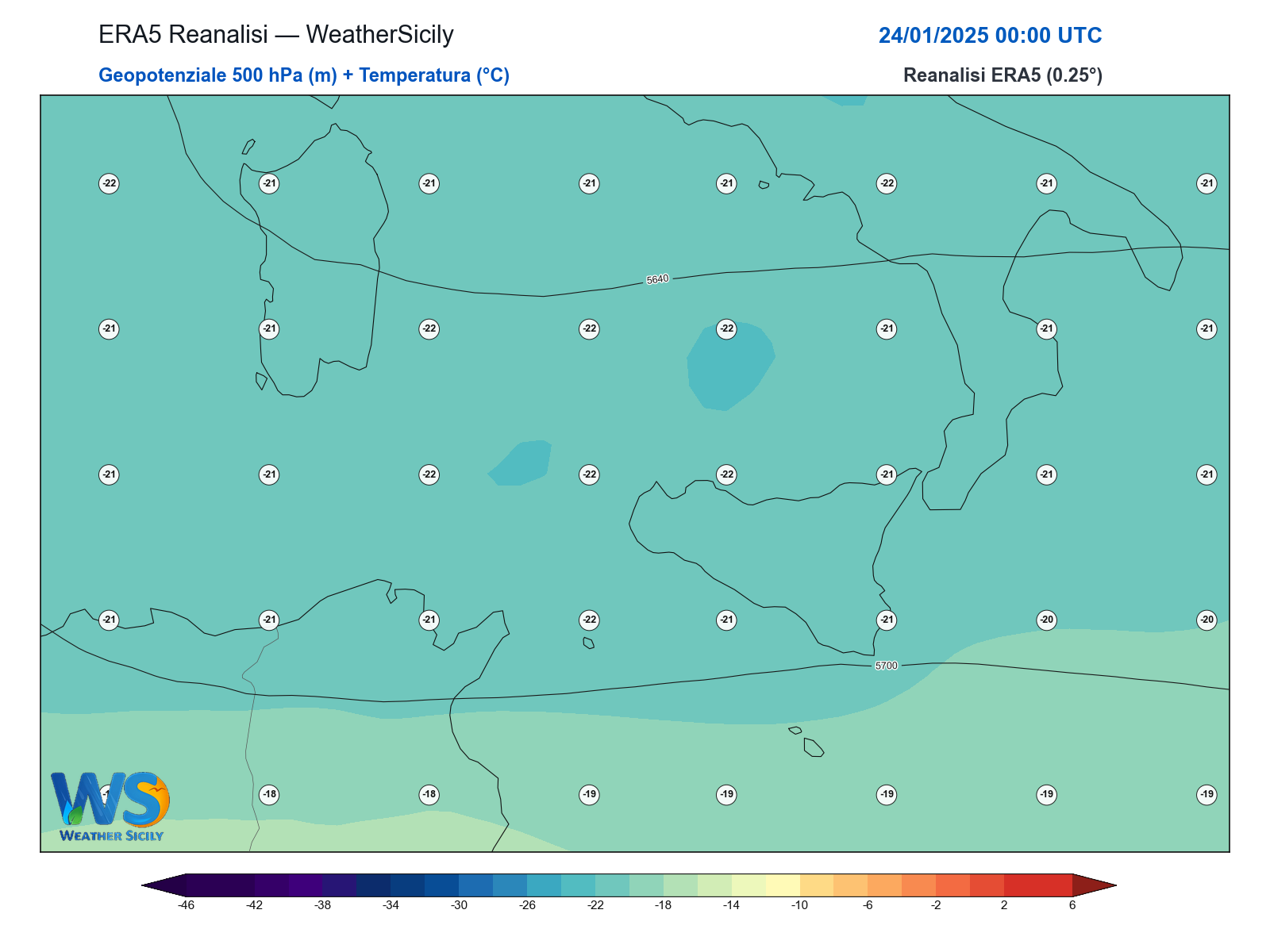 Geopotenziale 500 hPa + Temperatura · 2025012400