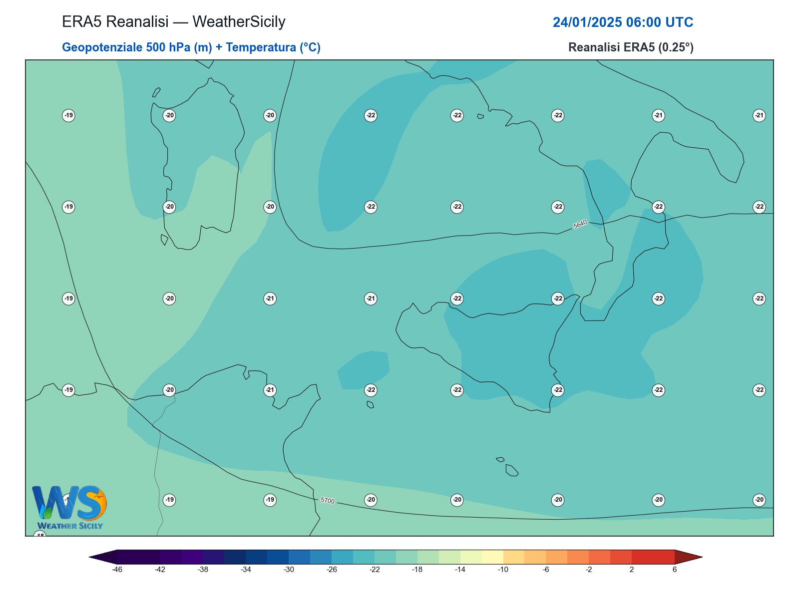 Geopotenziale 500 hPa + Temperatura · 2025012406