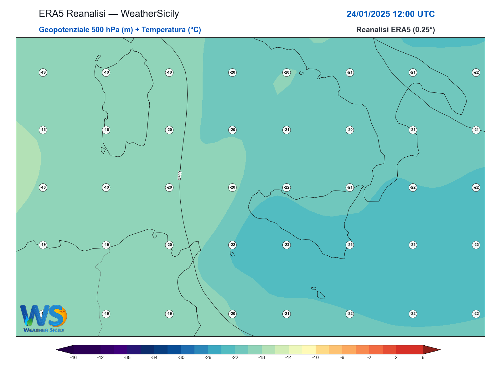 Geopotenziale 500 hPa + Temperatura · 2025012412