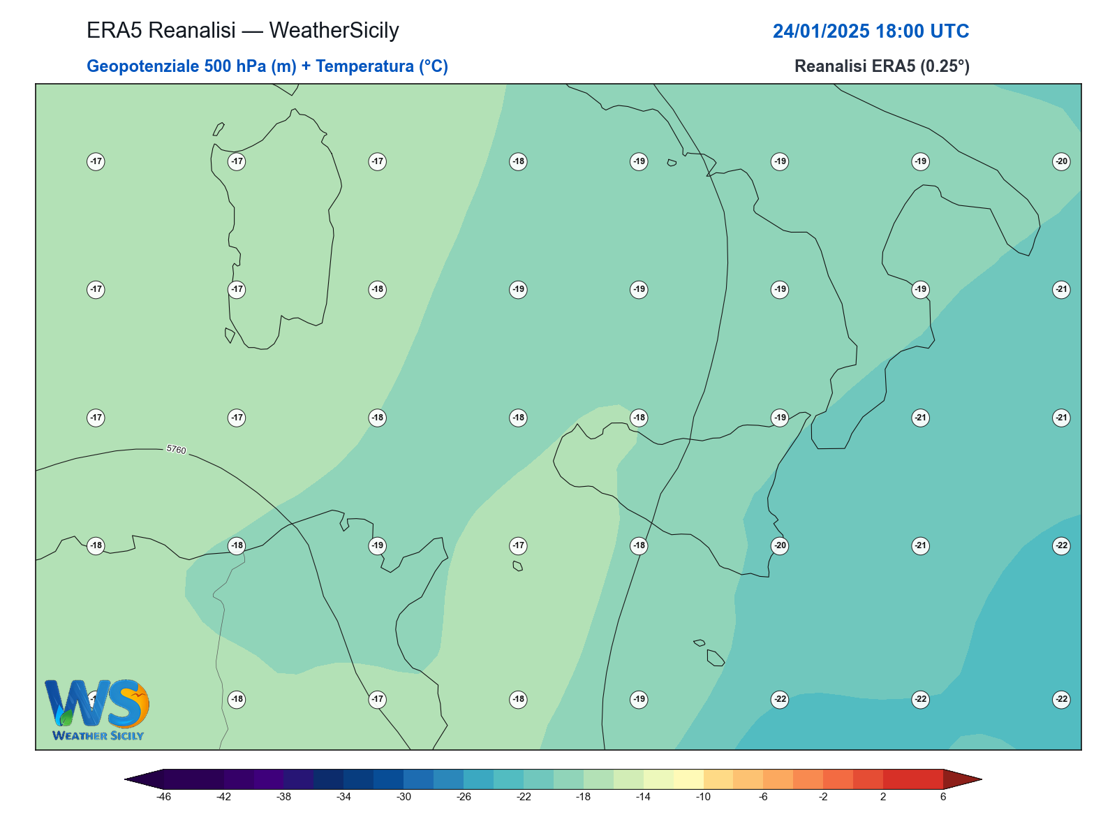 Geopotenziale 500 hPa + Temperatura · 2025012418