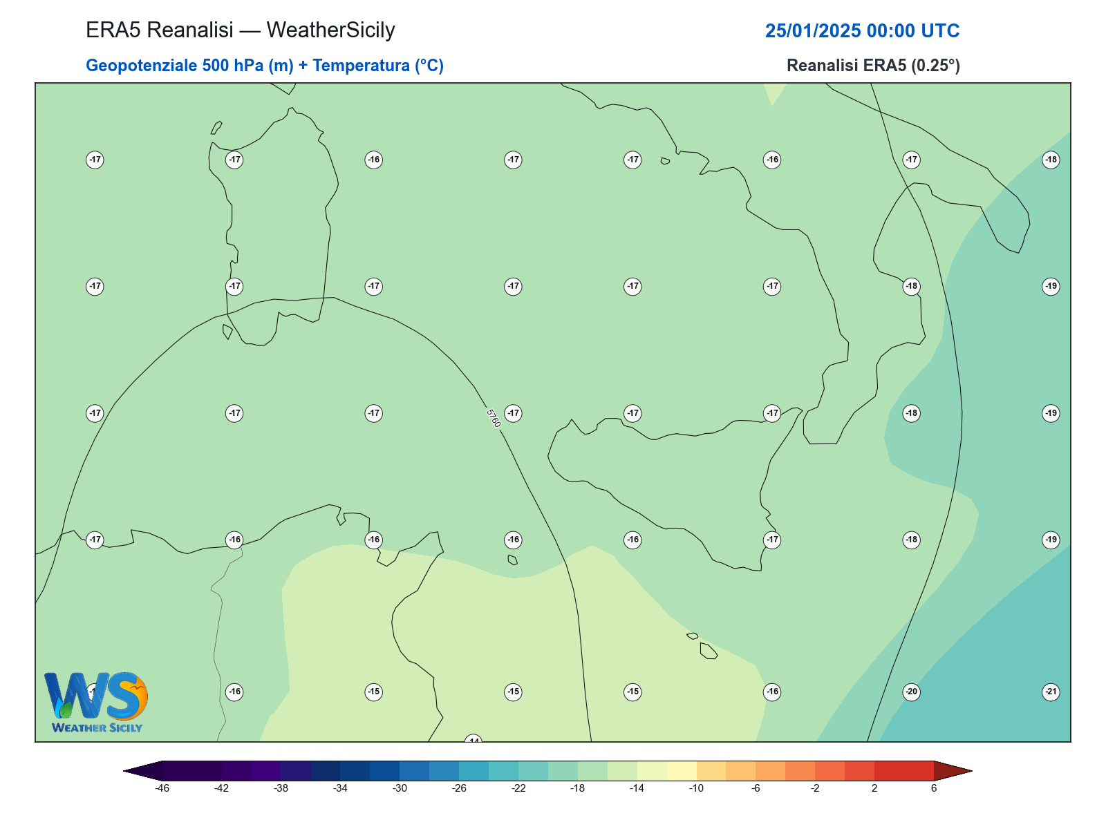 Geopotenziale 500 hPa + Temperatura · 2025012500