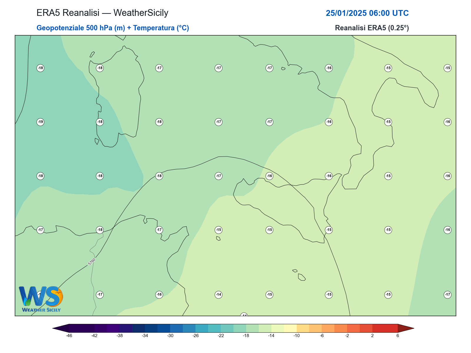 Geopotenziale 500 hPa + Temperatura · 2025012506