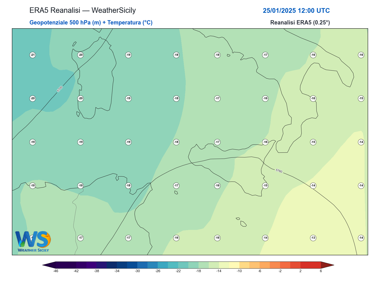 Geopotenziale 500 hPa + Temperatura · 2025012512