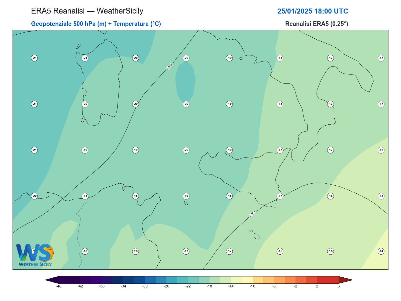 Geopotenziale 500 hPa + Temperatura · 2025012518