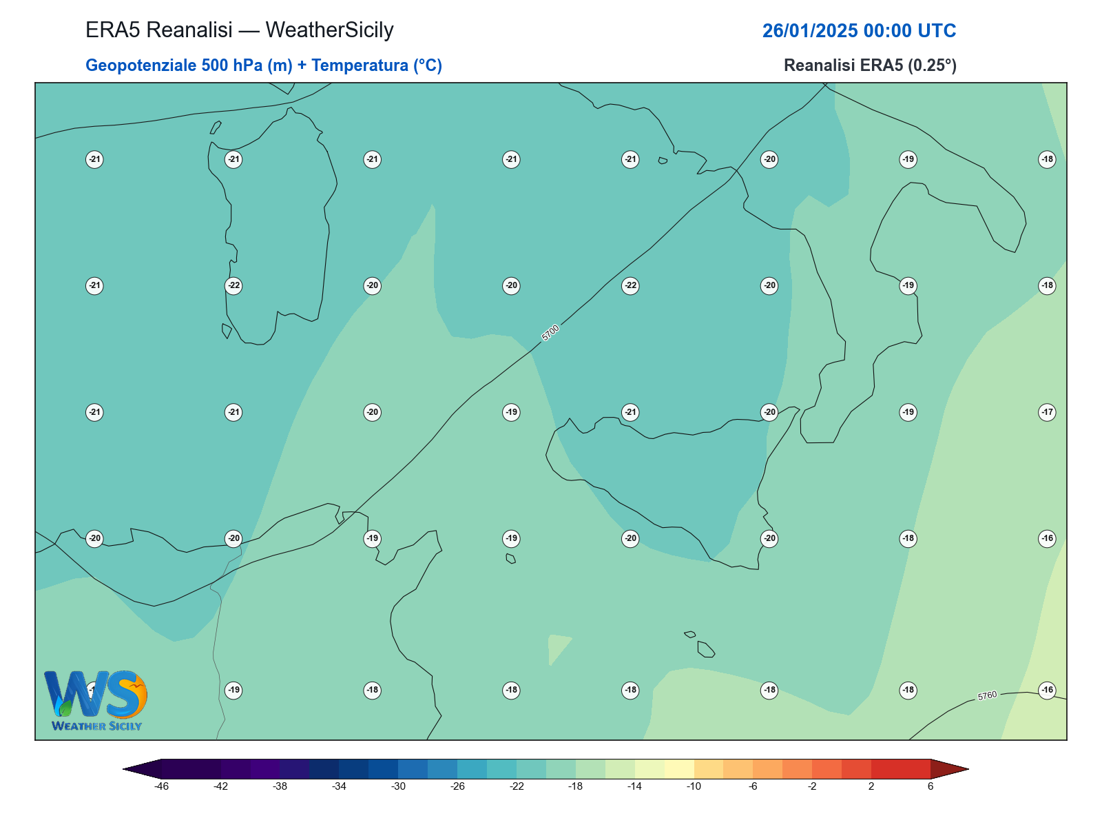 Geopotenziale 500 hPa + Temperatura · 2025012600