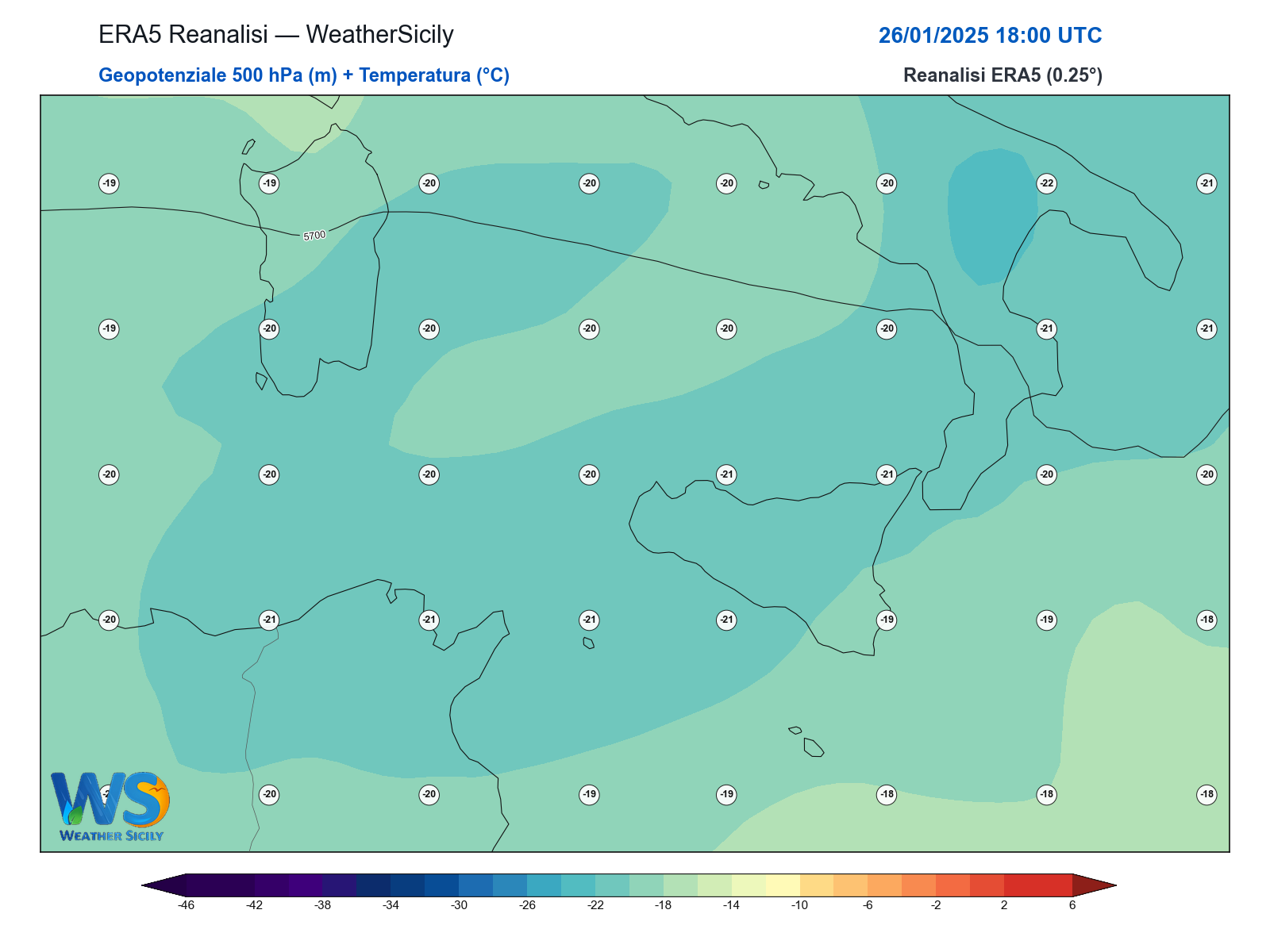 Geopotenziale 500 hPa + Temperatura · 2025012618
