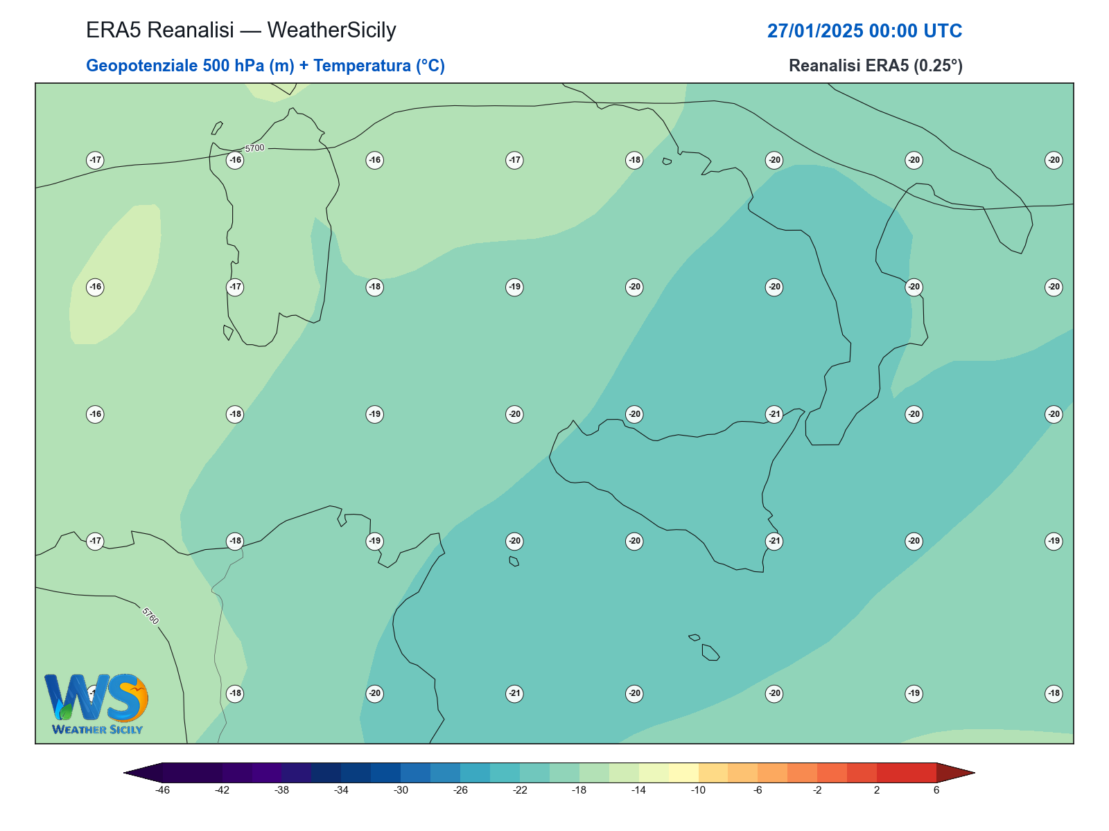 Geopotenziale 500 hPa + Temperatura · 2025012700