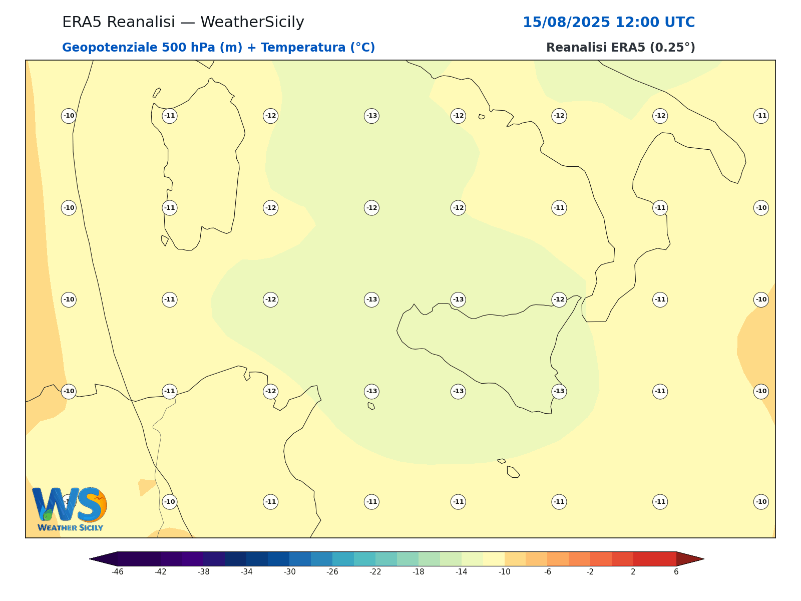 Geopotenziale 500 hPa + Temperatura · 2025081512