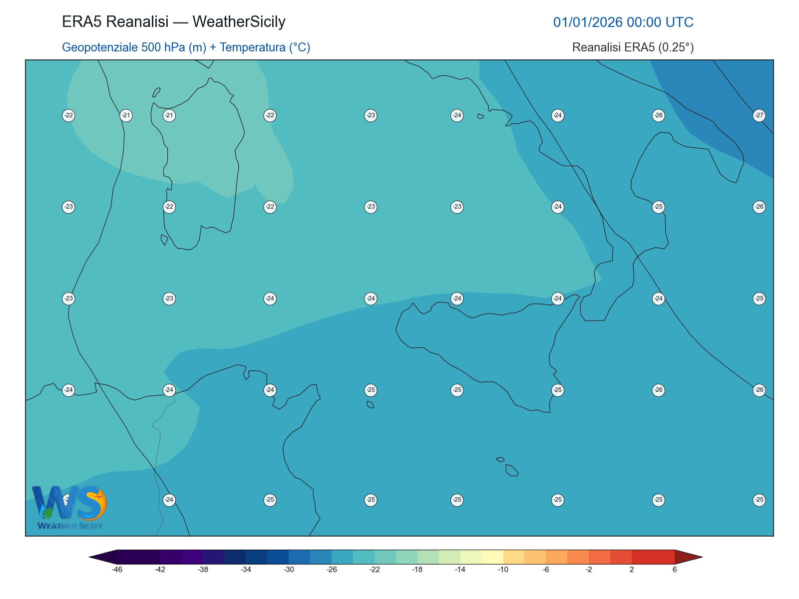 Geopotenziale 500 hPa + Temperatura · 2026010100