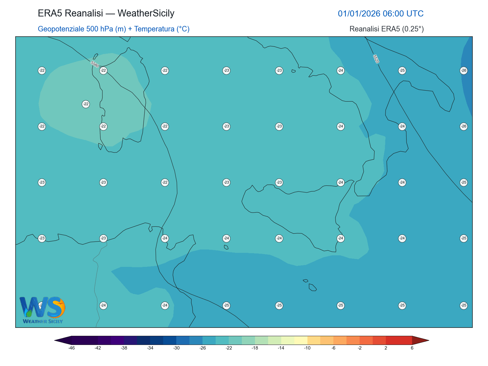 Geopotenziale 500 hPa + Temperatura · 2026010106