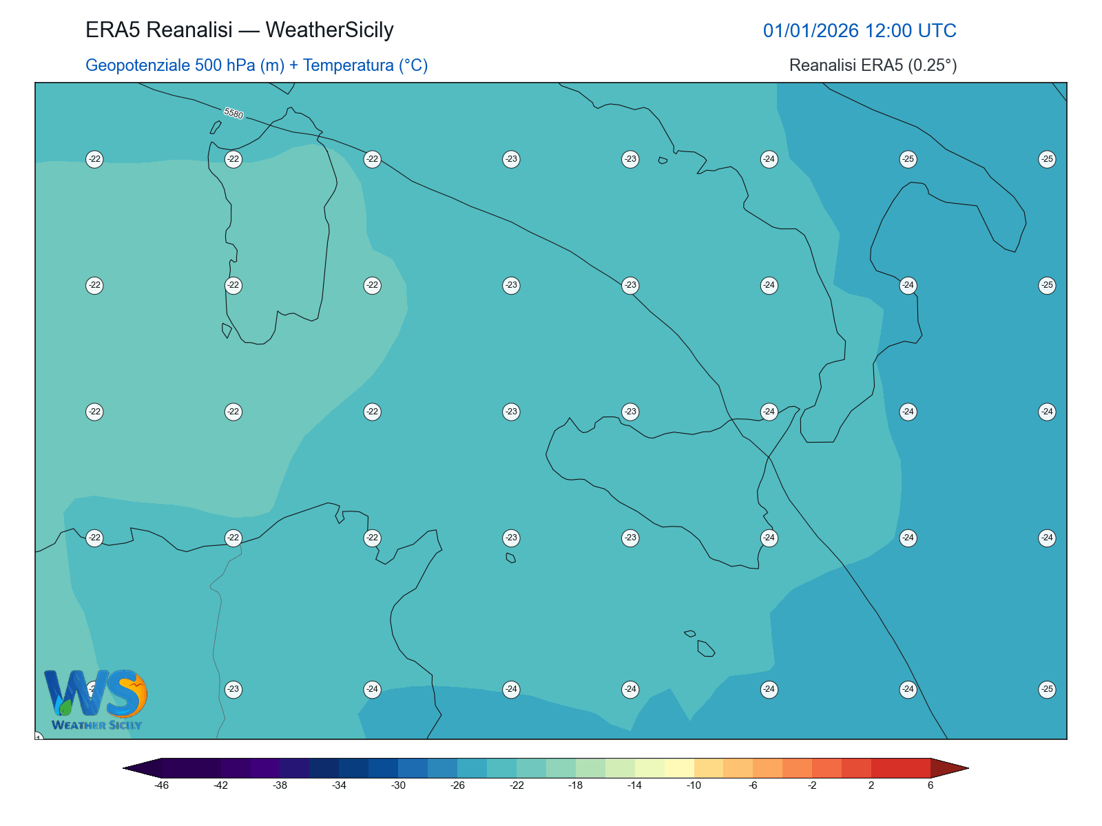 Geopotenziale 500 hPa + Temperatura · 2026010112
