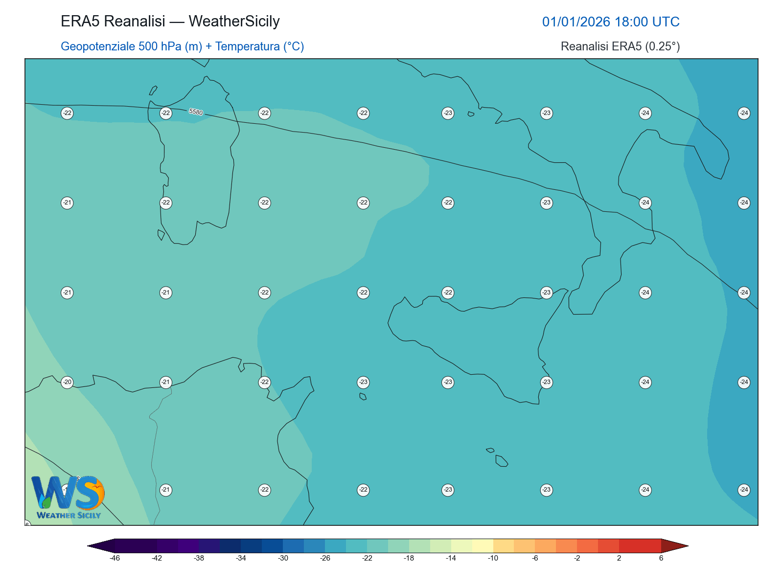 Geopotenziale 500 hPa + Temperatura · 2026010118