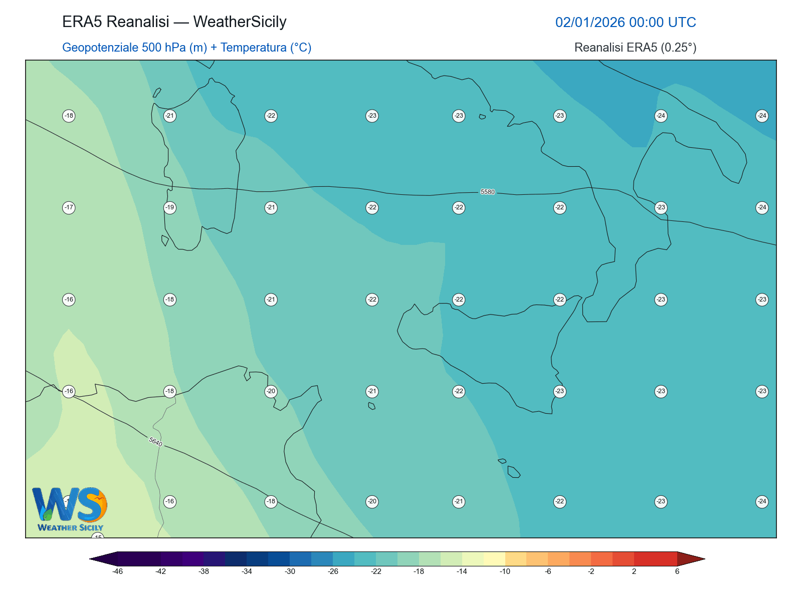 Geopotenziale 500 hPa + Temperatura · 2026010200