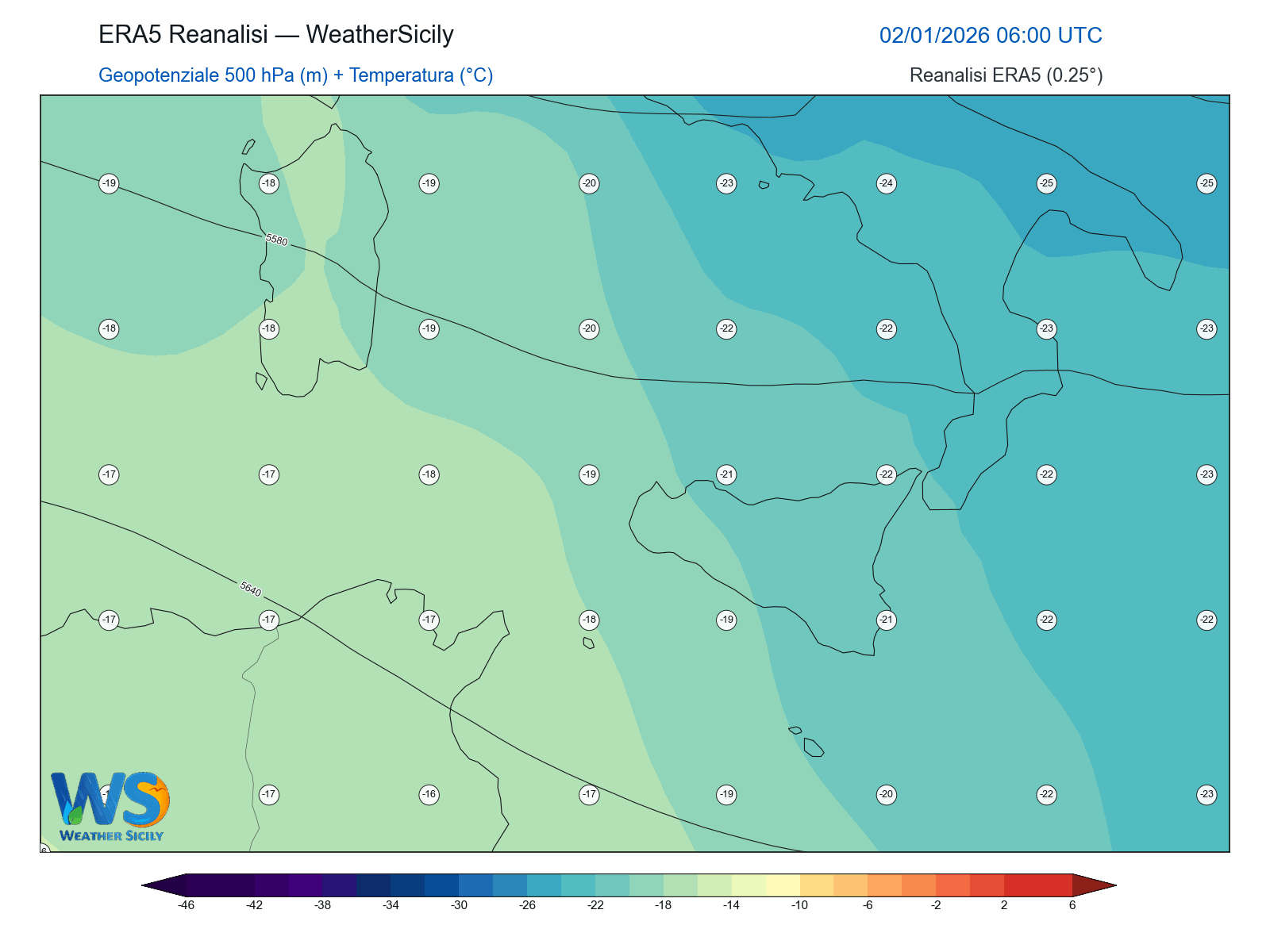 Geopotenziale 500 hPa + Temperatura · 2026010206