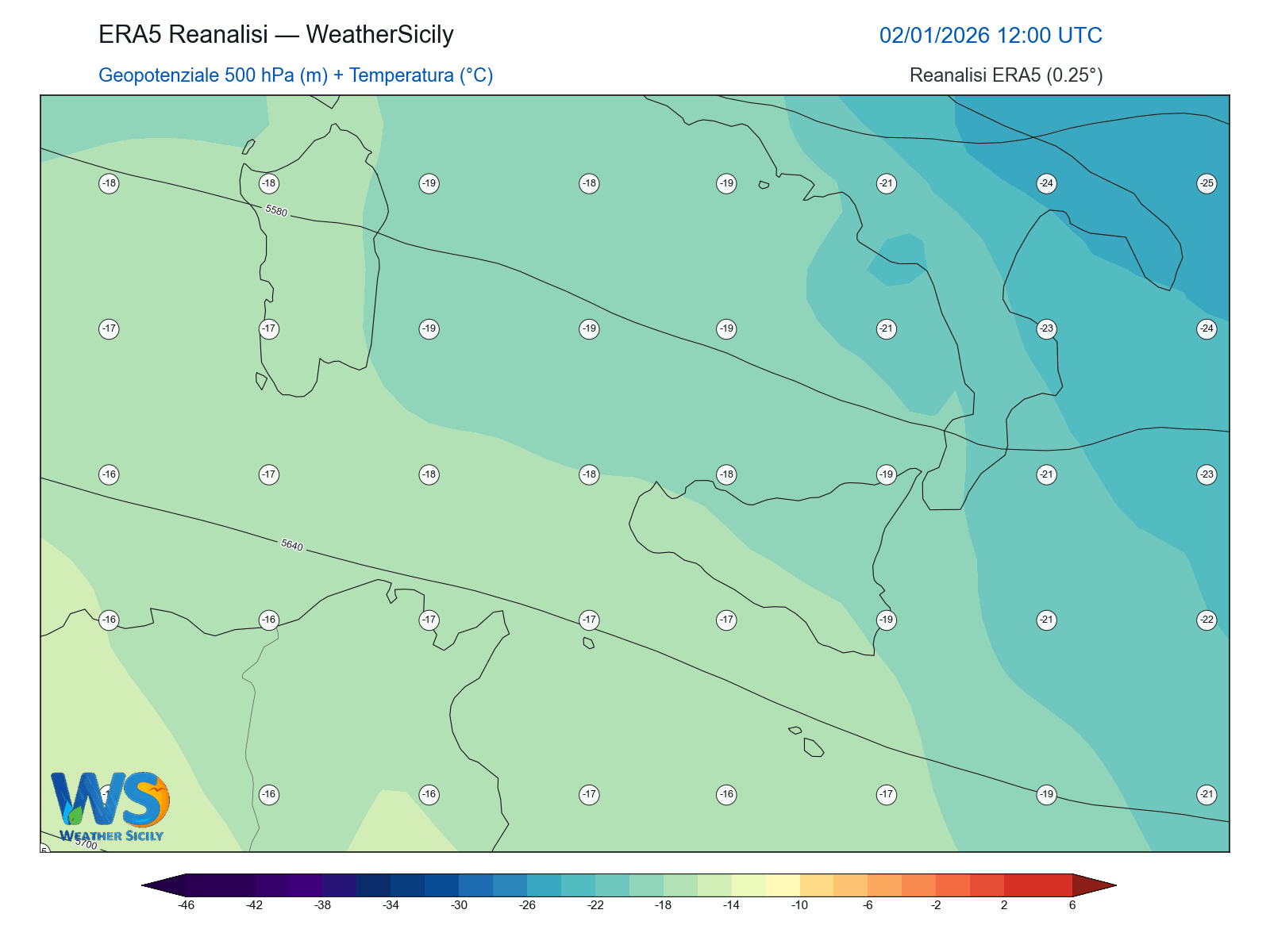 Geopotenziale 500 hPa + Temperatura · 2026010212