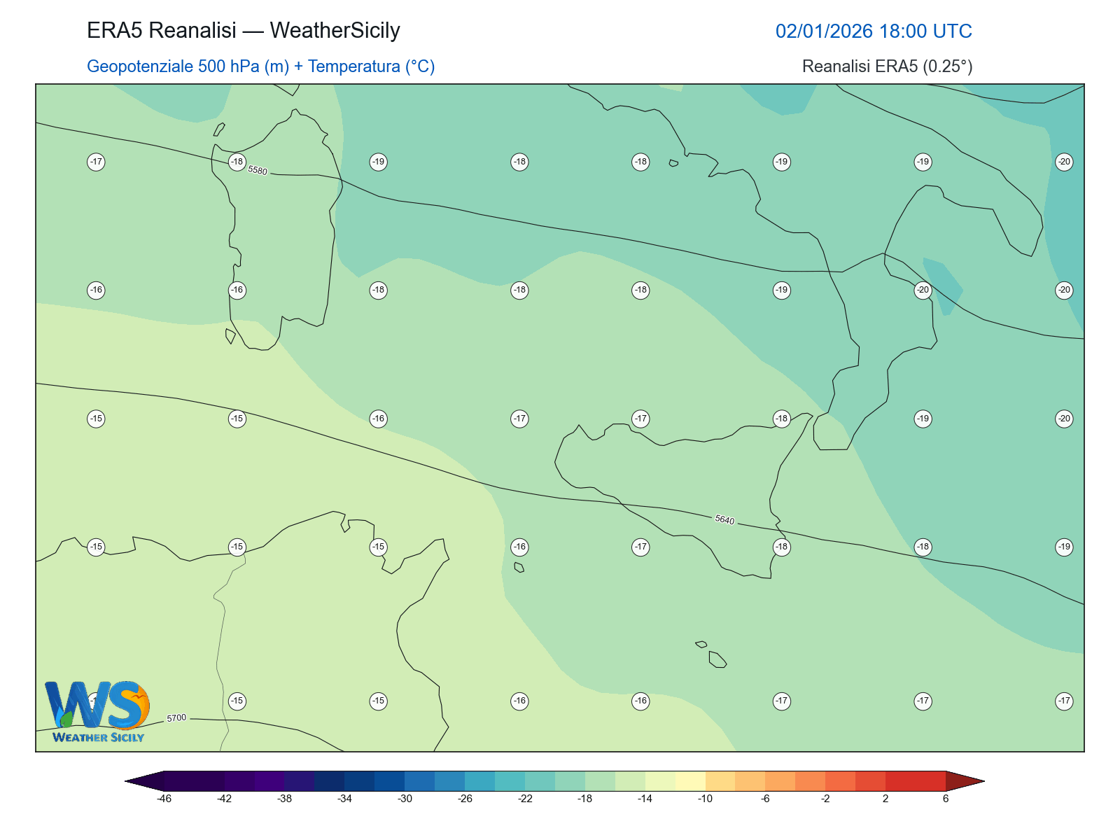 Geopotenziale 500 hPa + Temperatura · 2026010218