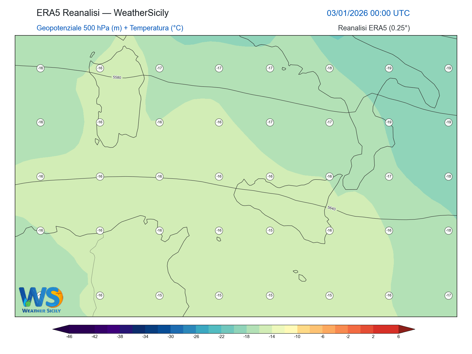 Geopotenziale 500 hPa + Temperatura · 2026010300
