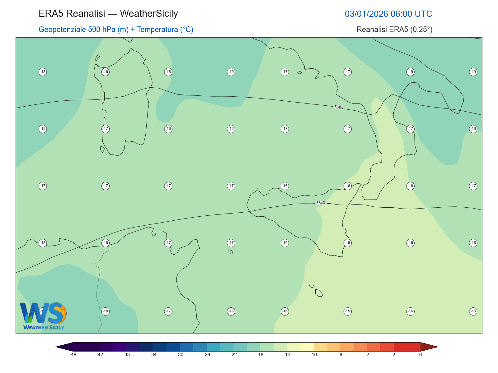 Geopotenziale 500 hPa + Temperatura · 2026010306