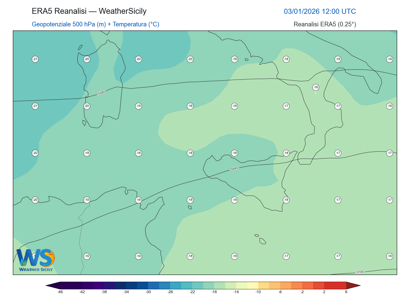Geopotenziale 500 hPa + Temperatura · 2026010312