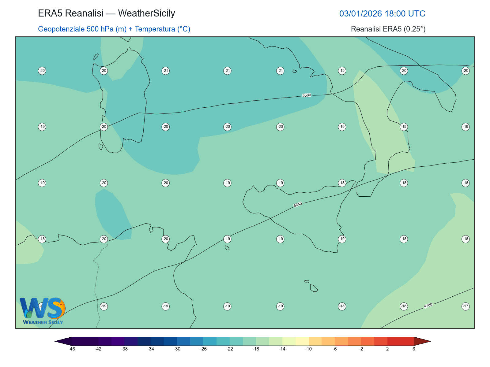Geopotenziale 500 hPa + Temperatura · 2026010318