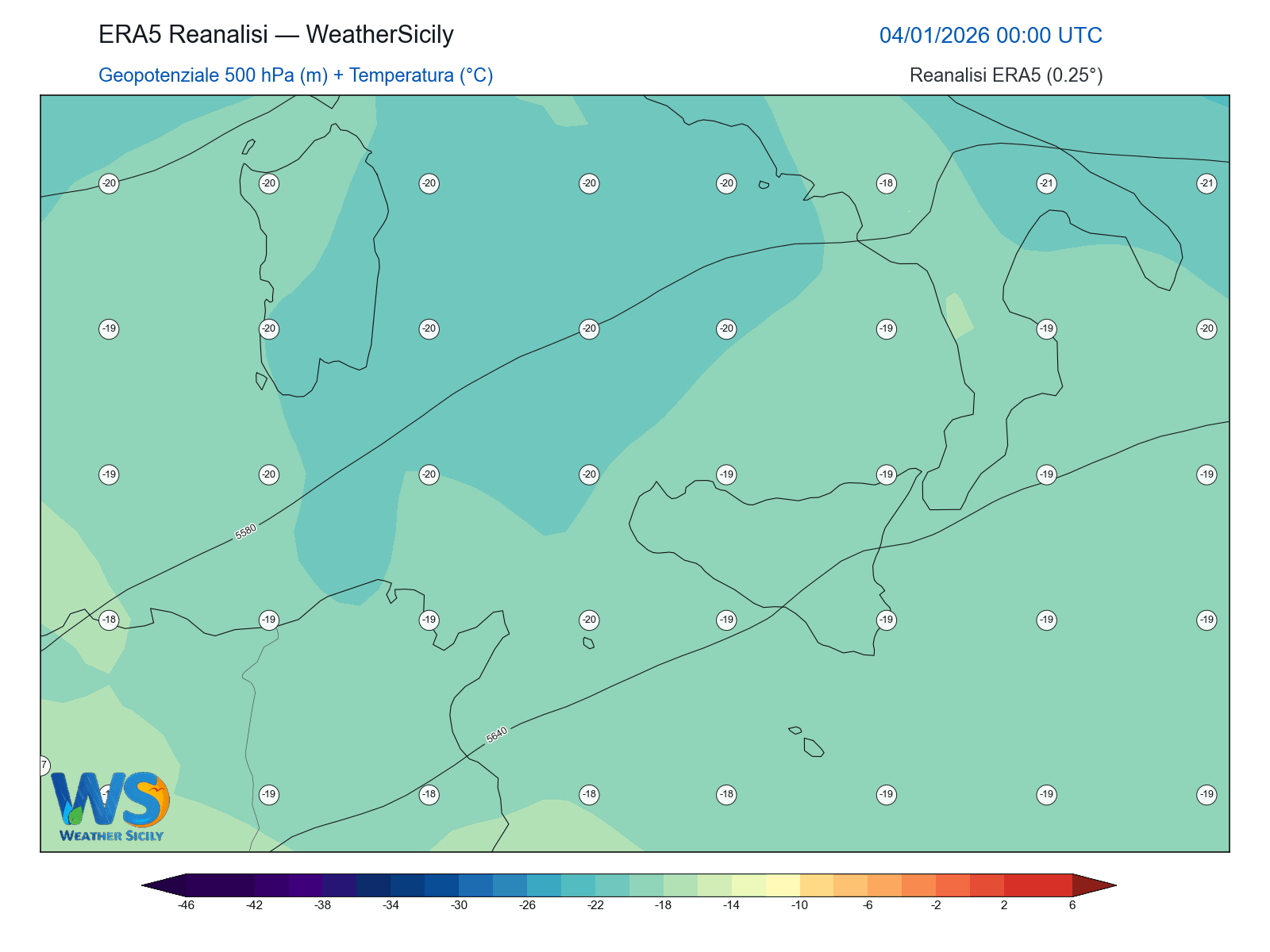 Geopotenziale 500 hPa + Temperatura · 2026010400
