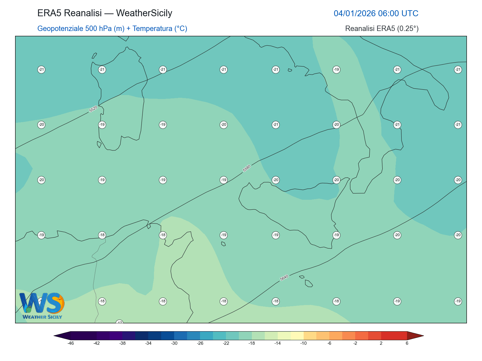 Geopotenziale 500 hPa + Temperatura · 2026010406