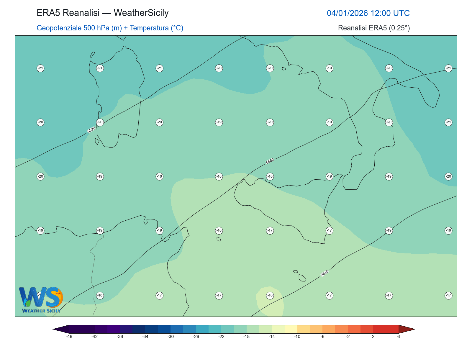 Geopotenziale 500 hPa + Temperatura · 2026010412