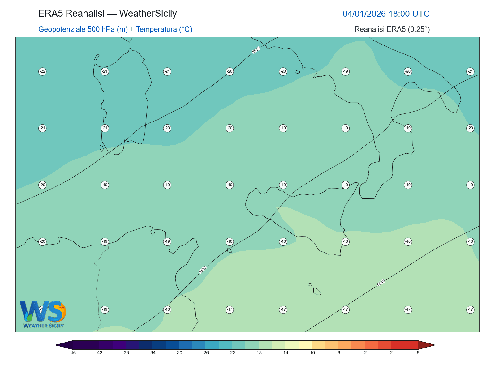 Geopotenziale 500 hPa + Temperatura · 2026010418