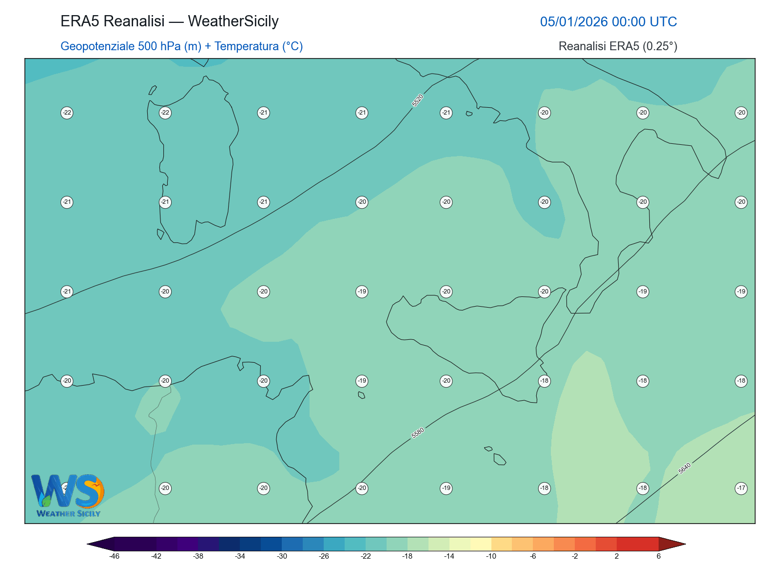 Geopotenziale 500 hPa + Temperatura · 2026010500