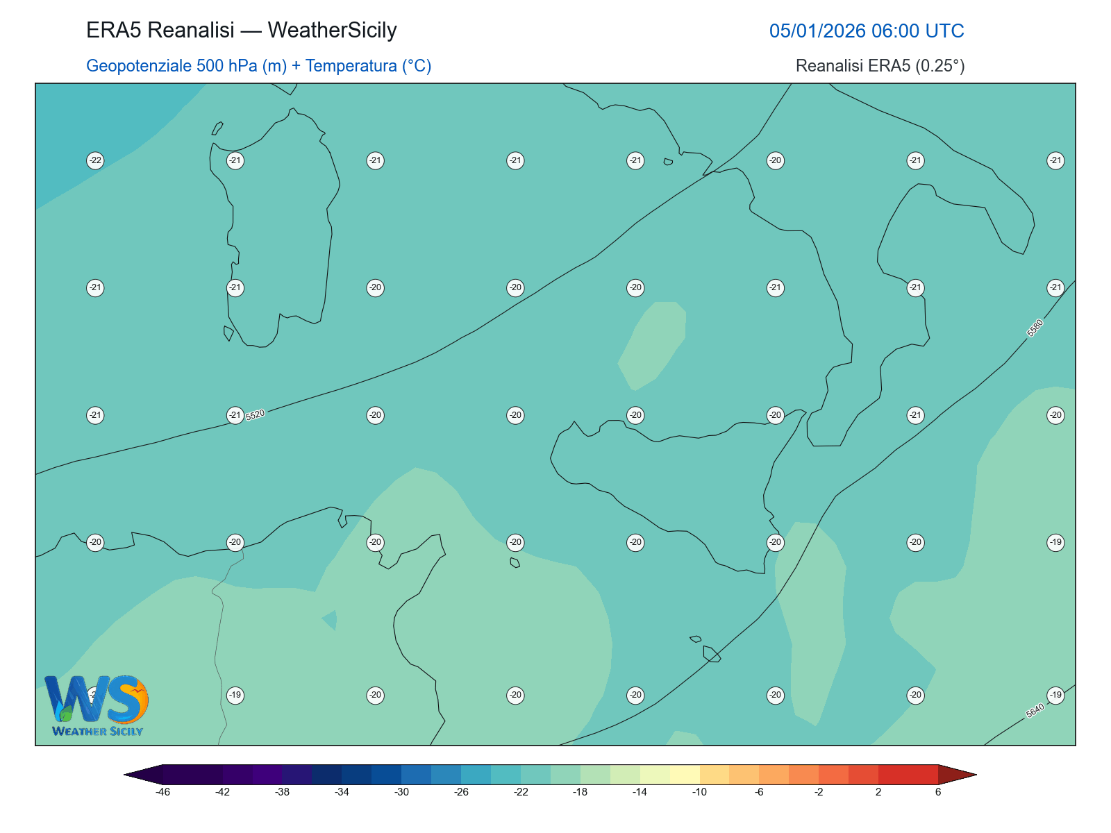 Geopotenziale 500 hPa + Temperatura · 2026010506