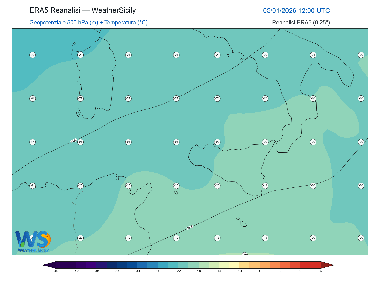 Geopotenziale 500 hPa + Temperatura · 2026010512