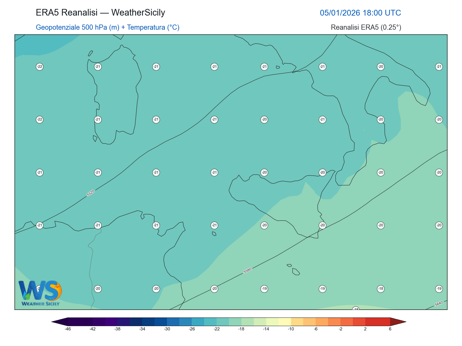 Geopotenziale 500 hPa + Temperatura · 2026010518