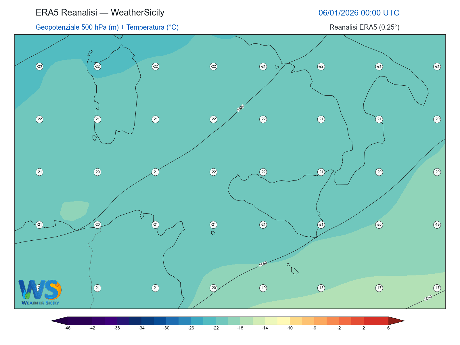 Geopotenziale 500 hPa + Temperatura · 2026010600