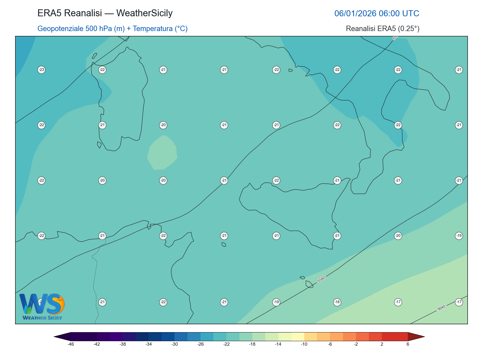 Geopotenziale 500 hPa + Temperatura · 2026010606