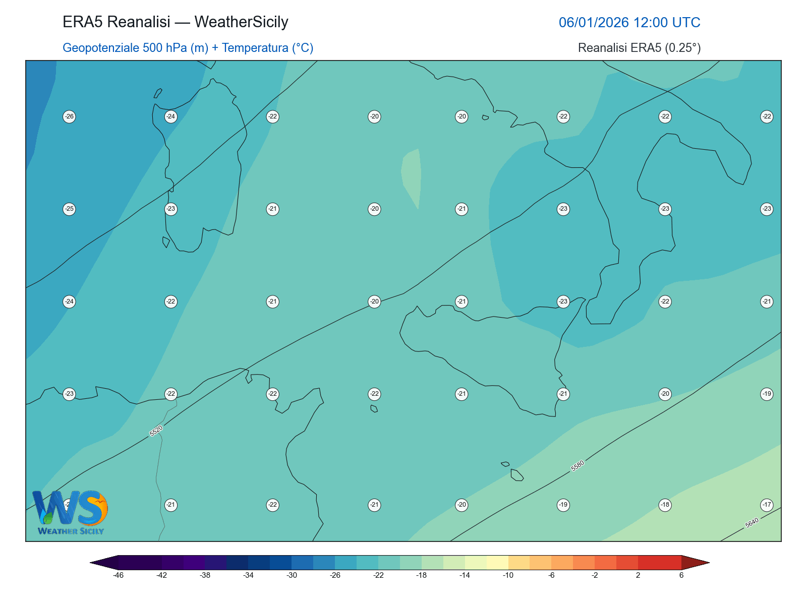 Geopotenziale 500 hPa + Temperatura · 2026010612