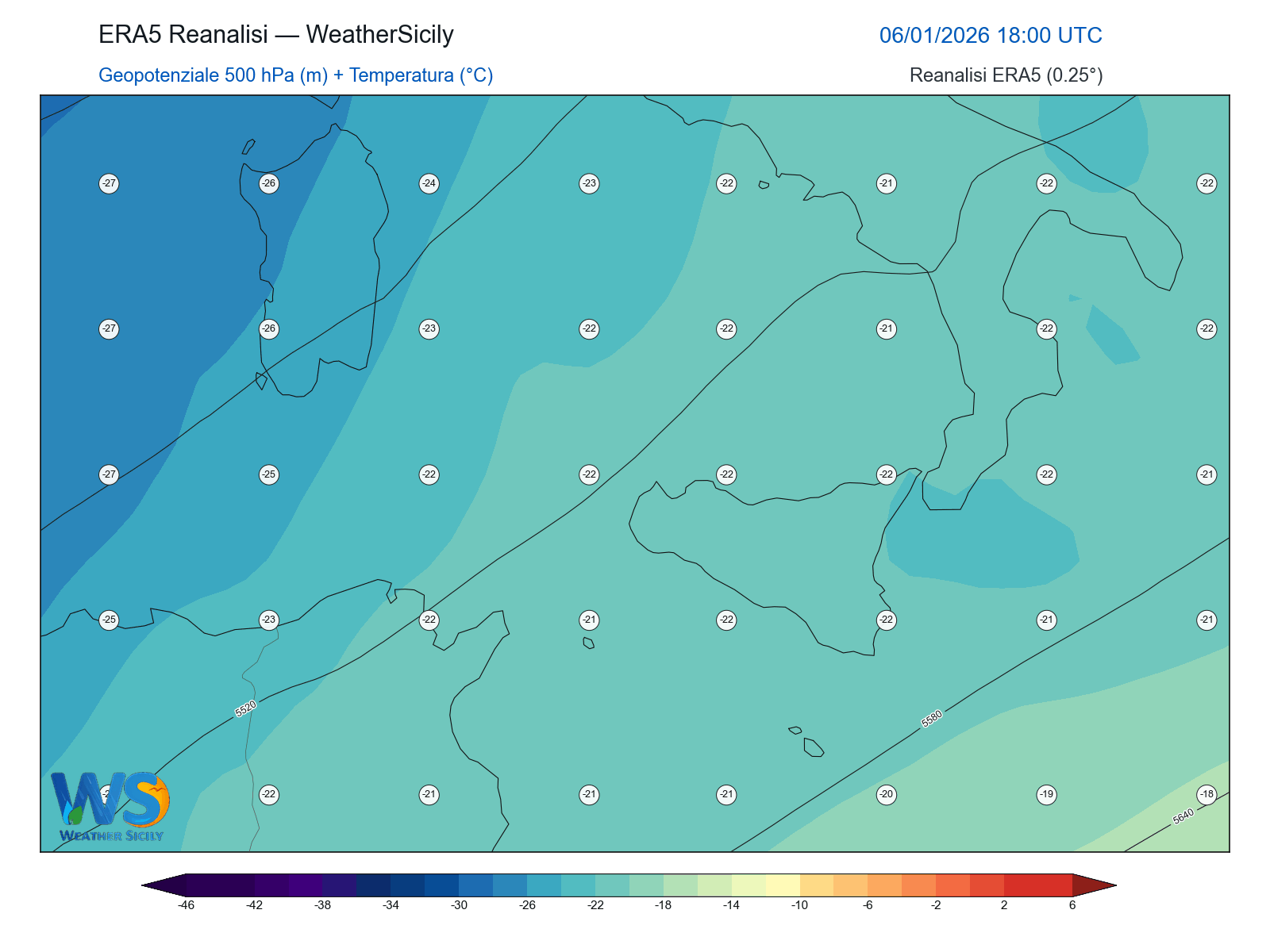 Geopotenziale 500 hPa + Temperatura · 2026010618