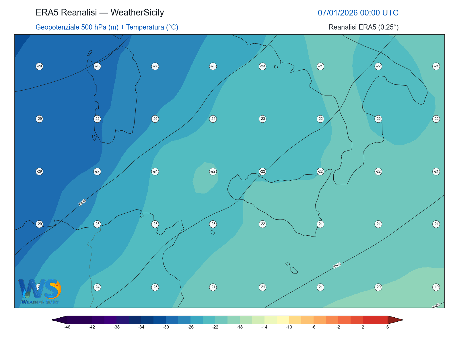 Geopotenziale 500 hPa + Temperatura · 2026010700