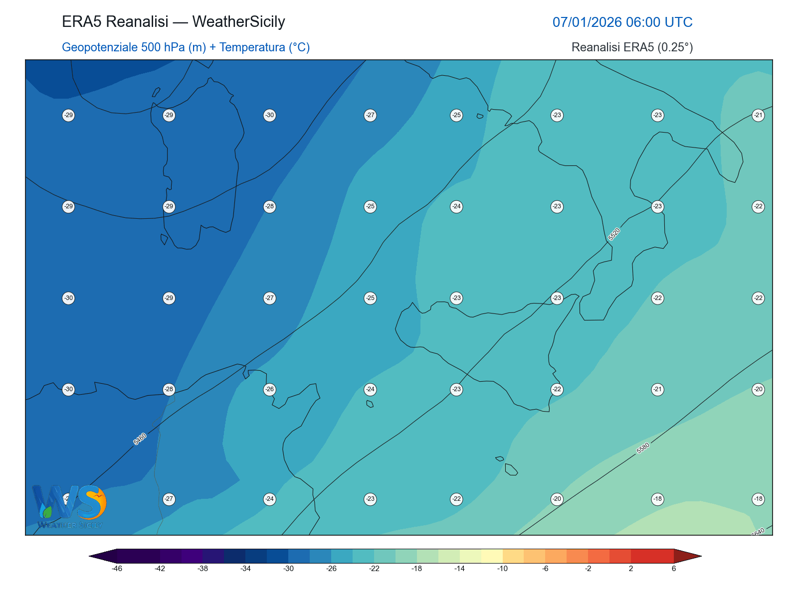 Geopotenziale 500 hPa + Temperatura · 2026010706