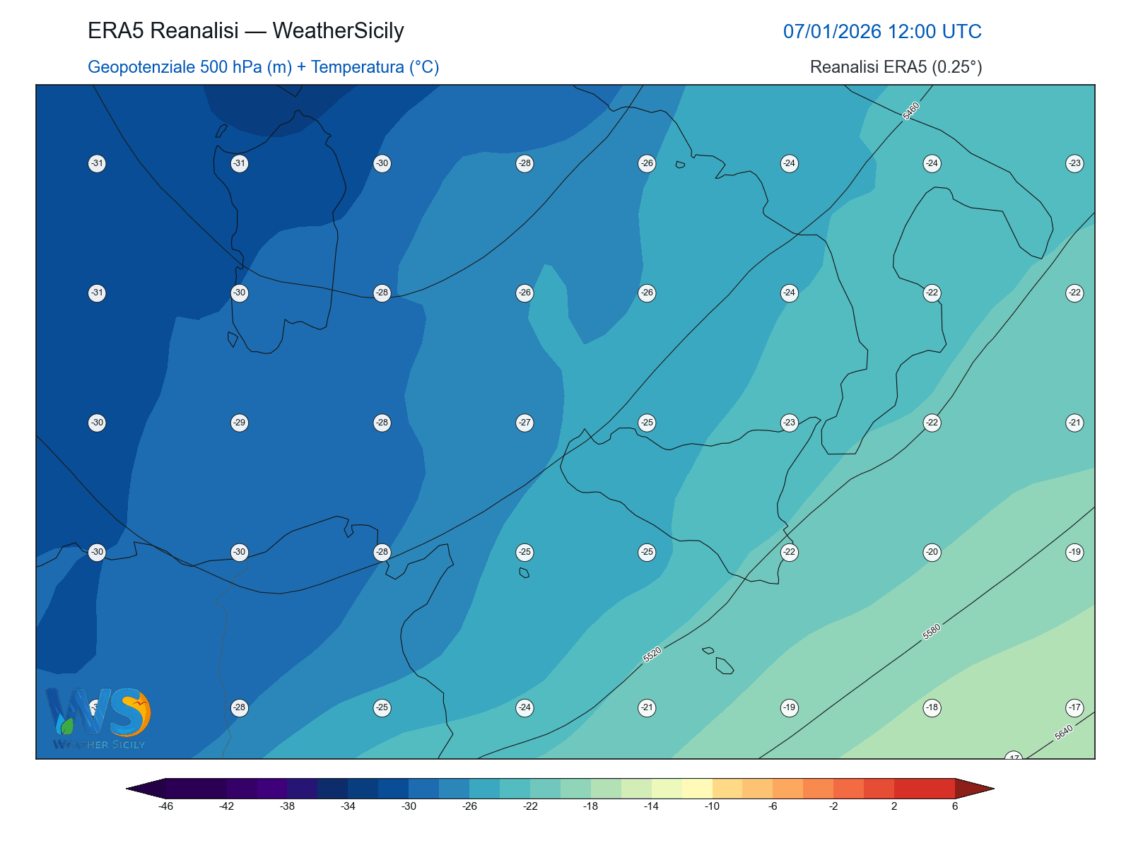 Geopotenziale 500 hPa + Temperatura · 2026010712