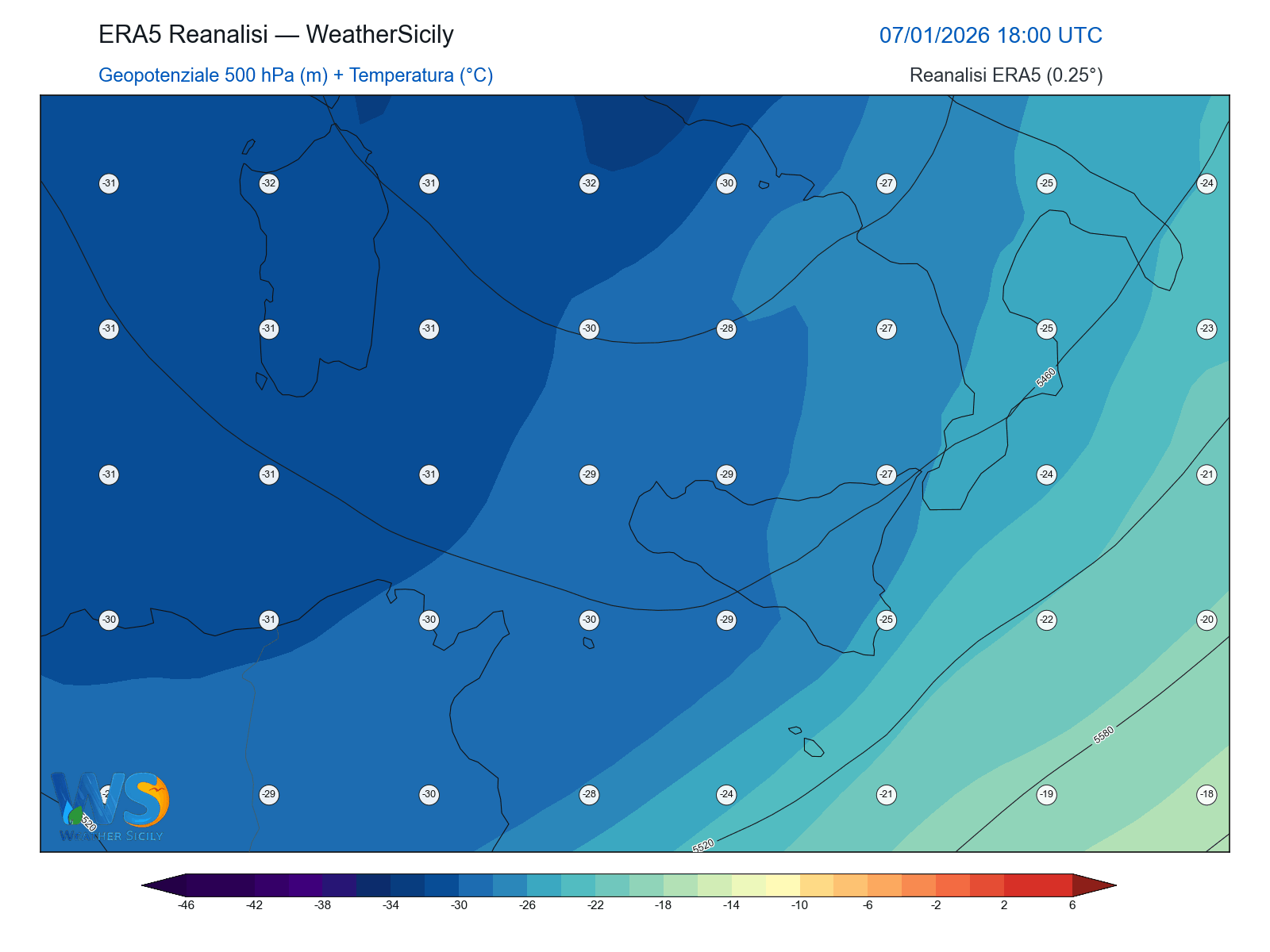 Geopotenziale 500 hPa + Temperatura · 2026010718