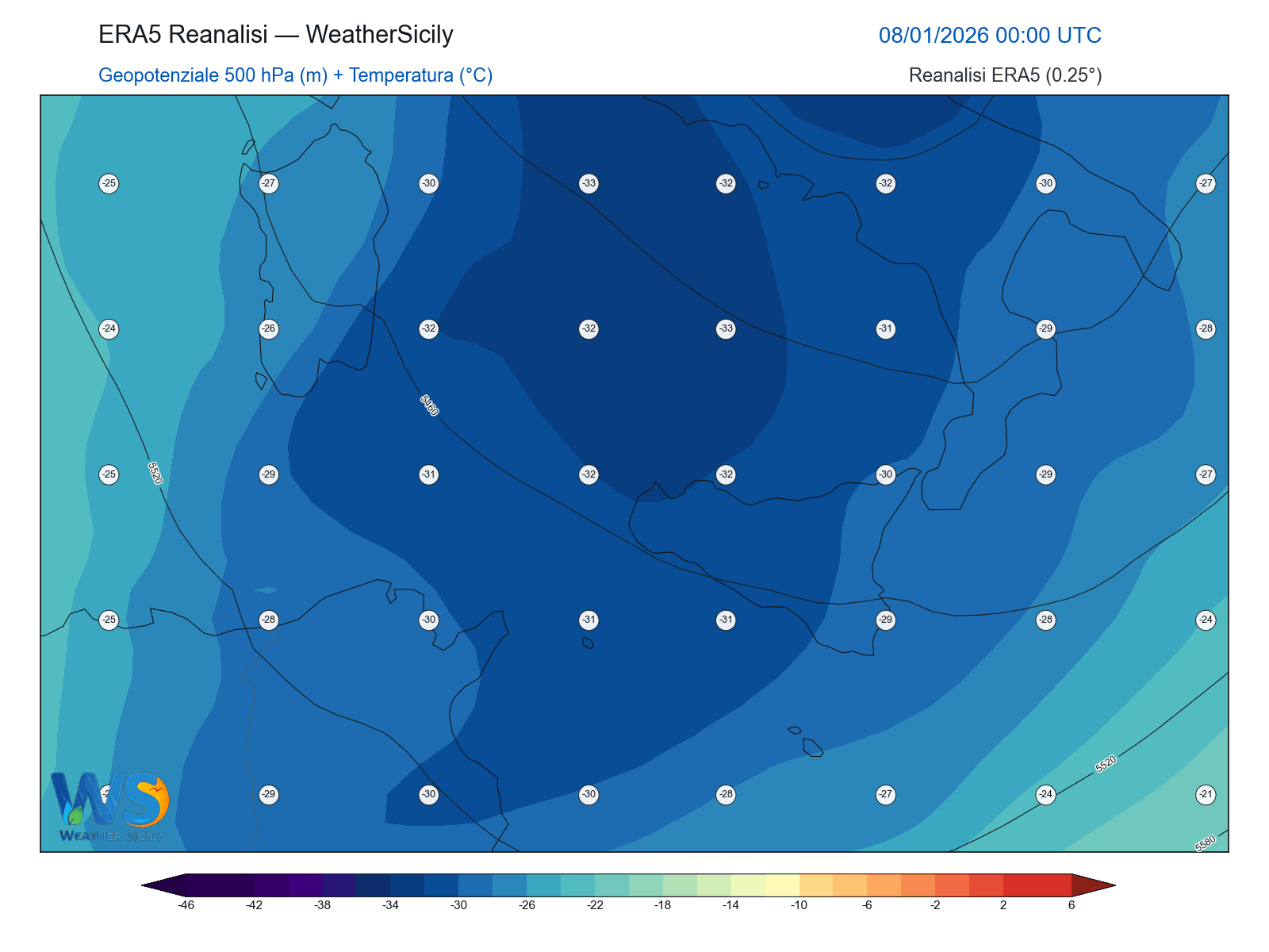 Geopotenziale 500 hPa + Temperatura · 2026010800