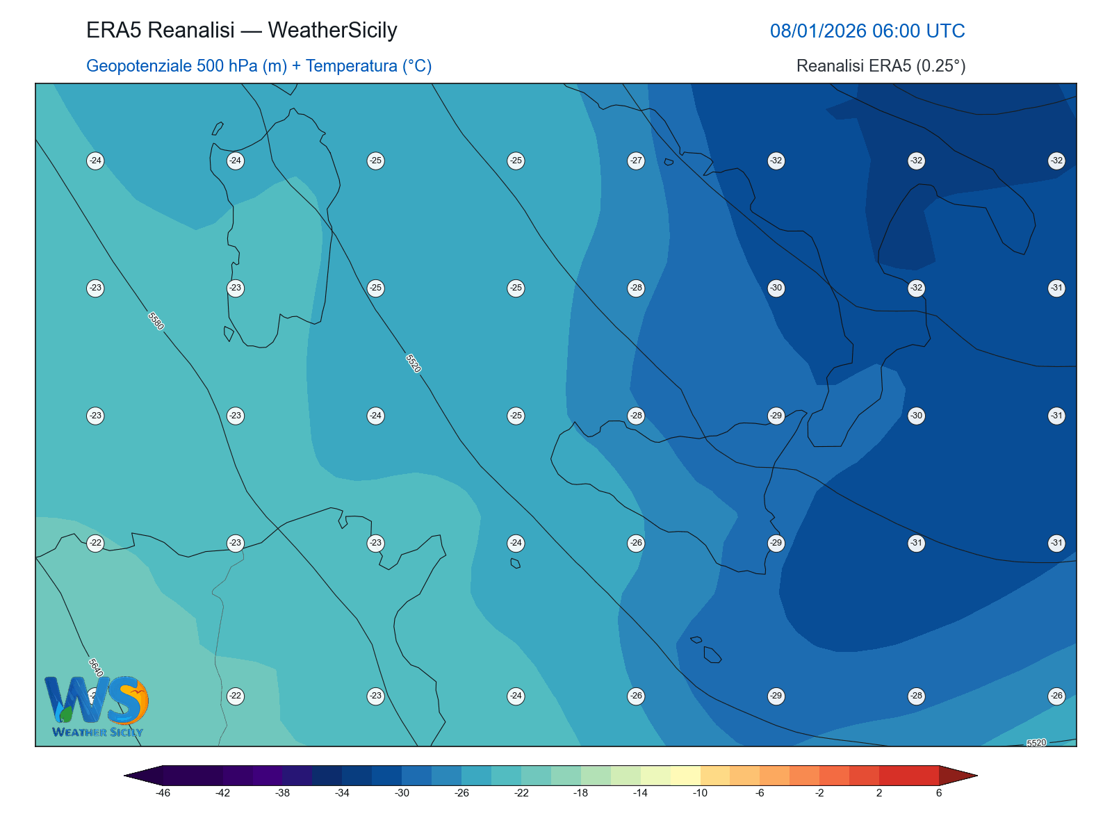 Geopotenziale 500 hPa + Temperatura · 2026010806