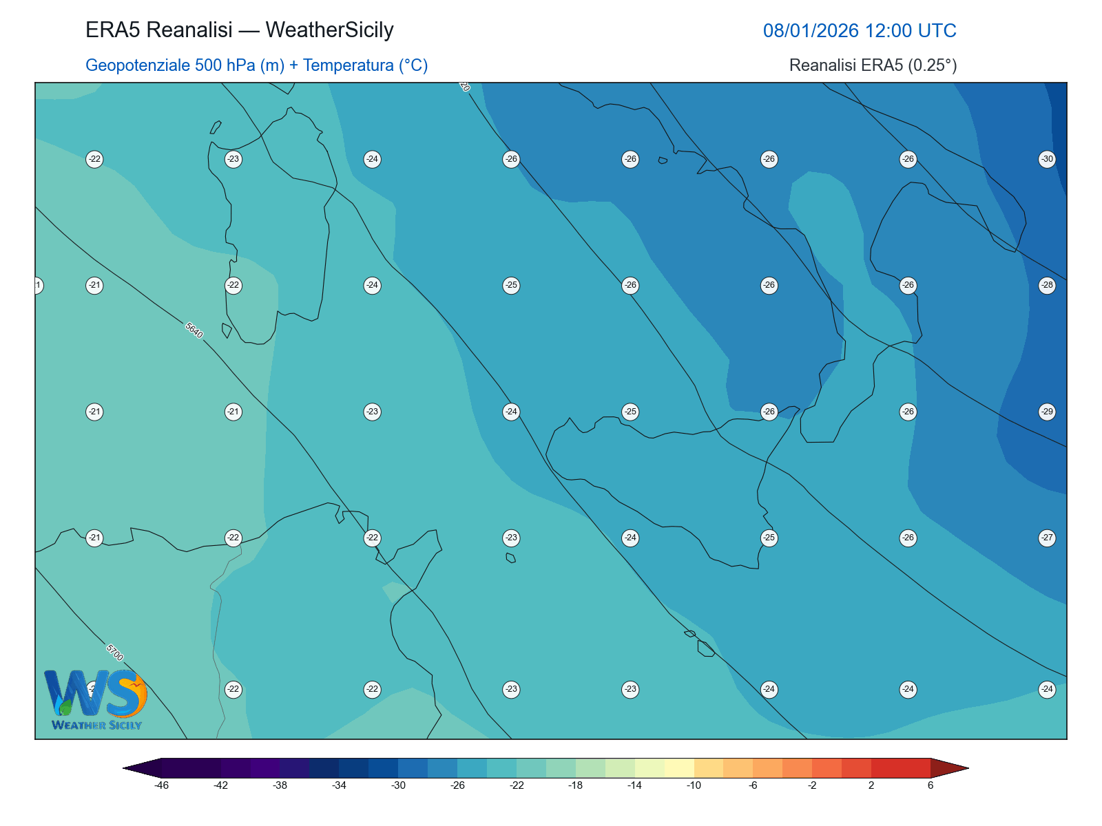 Geopotenziale 500 hPa + Temperatura · 2026010812