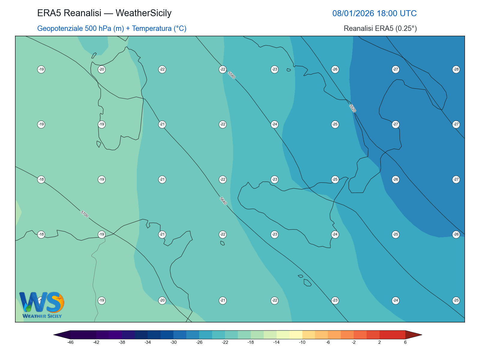 Geopotenziale 500 hPa + Temperatura · 2026010818