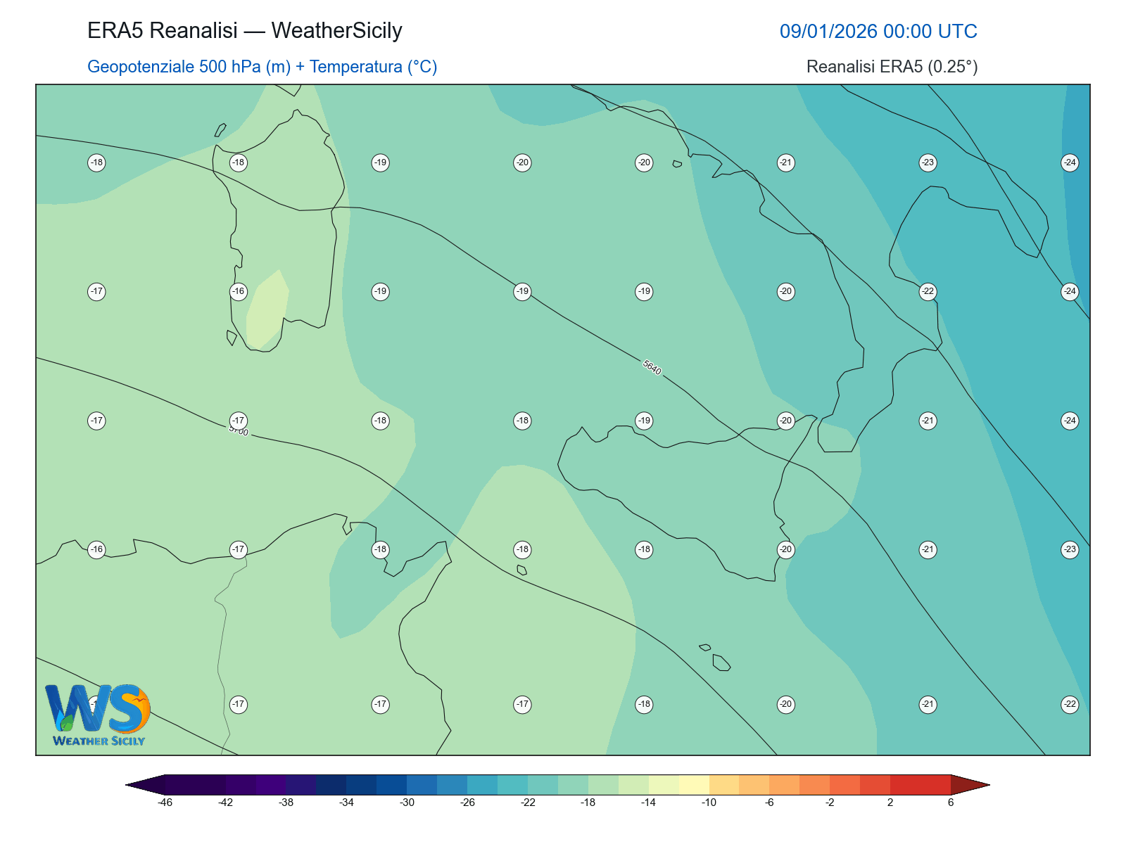 Geopotenziale 500 hPa + Temperatura · 2026010900