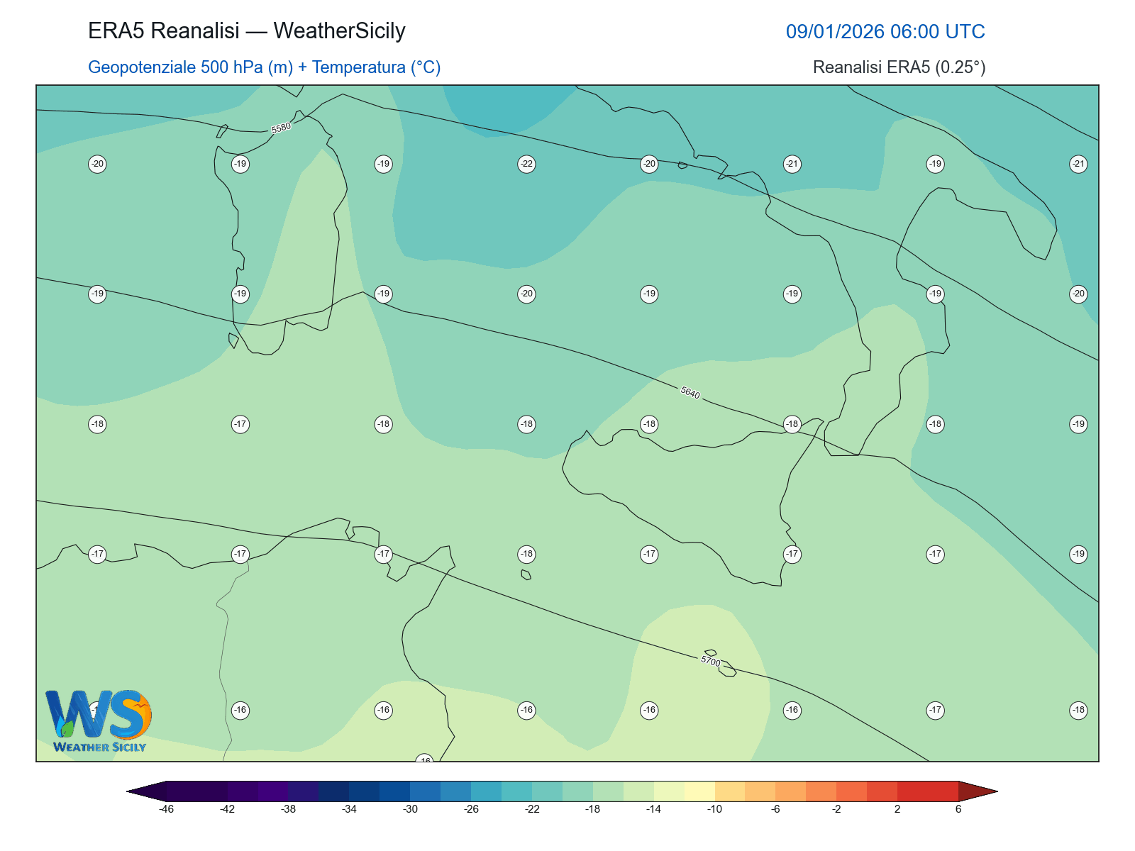 Geopotenziale 500 hPa + Temperatura · 2026010906