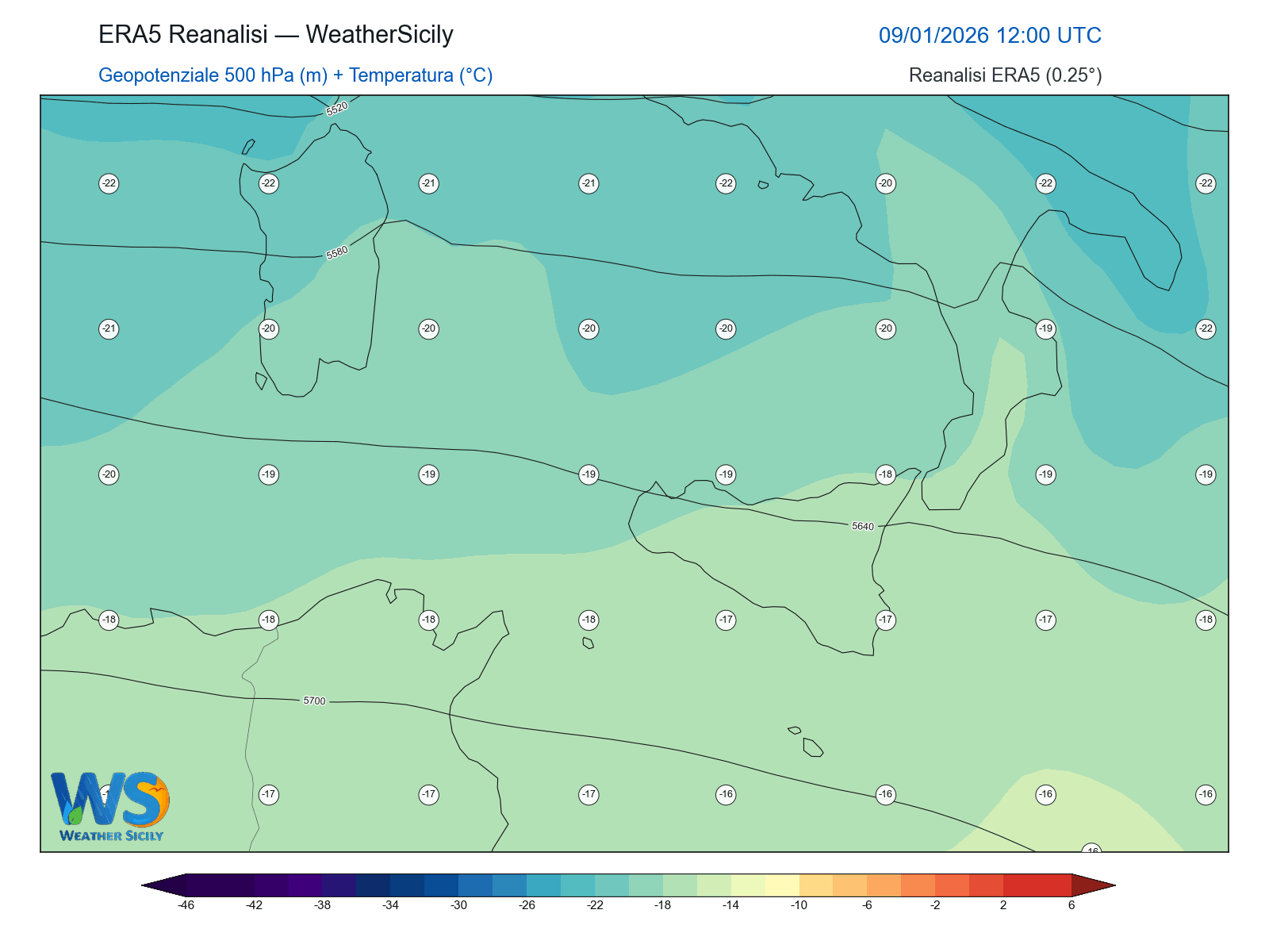 Geopotenziale 500 hPa + Temperatura · 2026010912