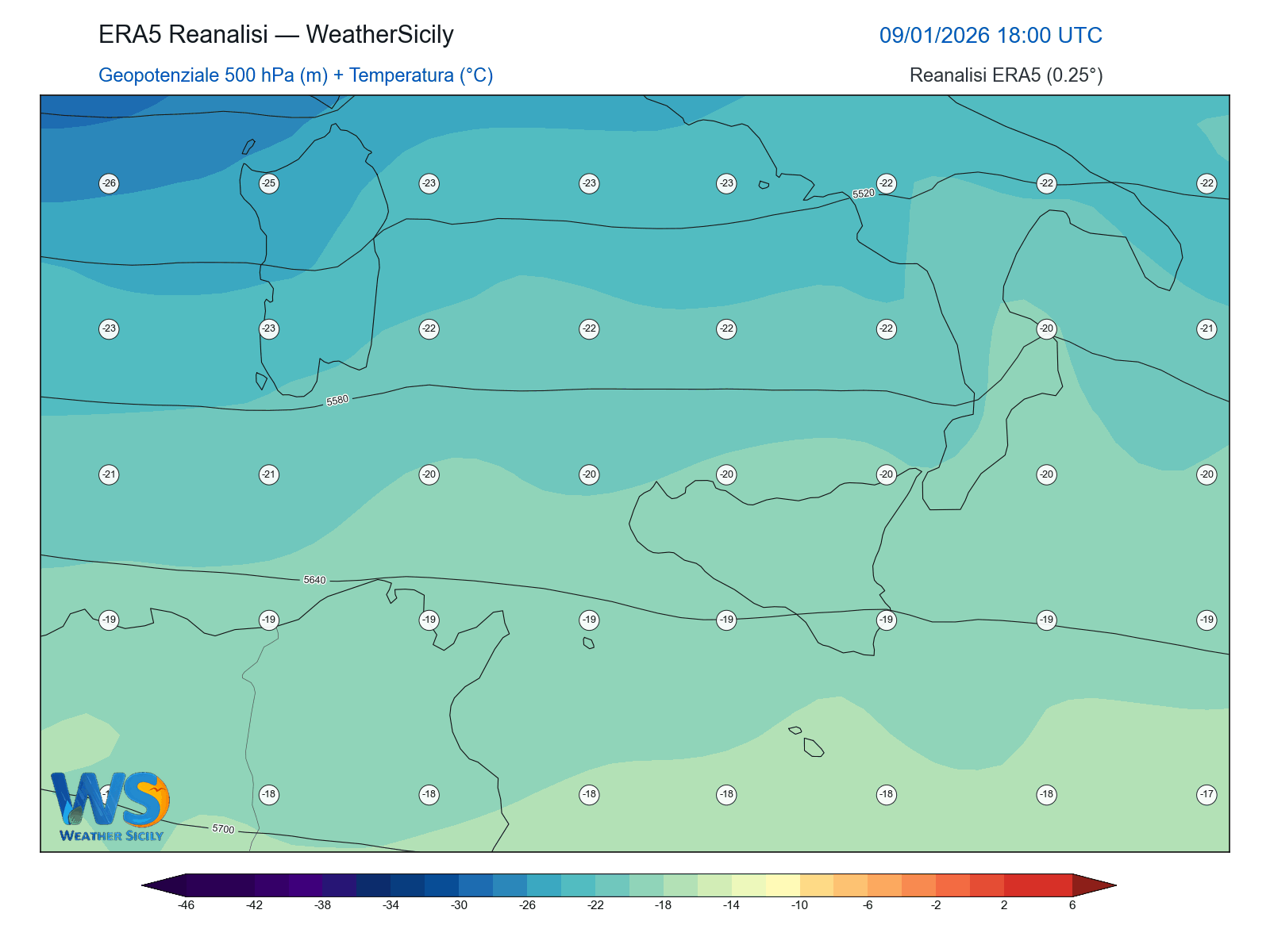 Geopotenziale 500 hPa + Temperatura · 2026010918