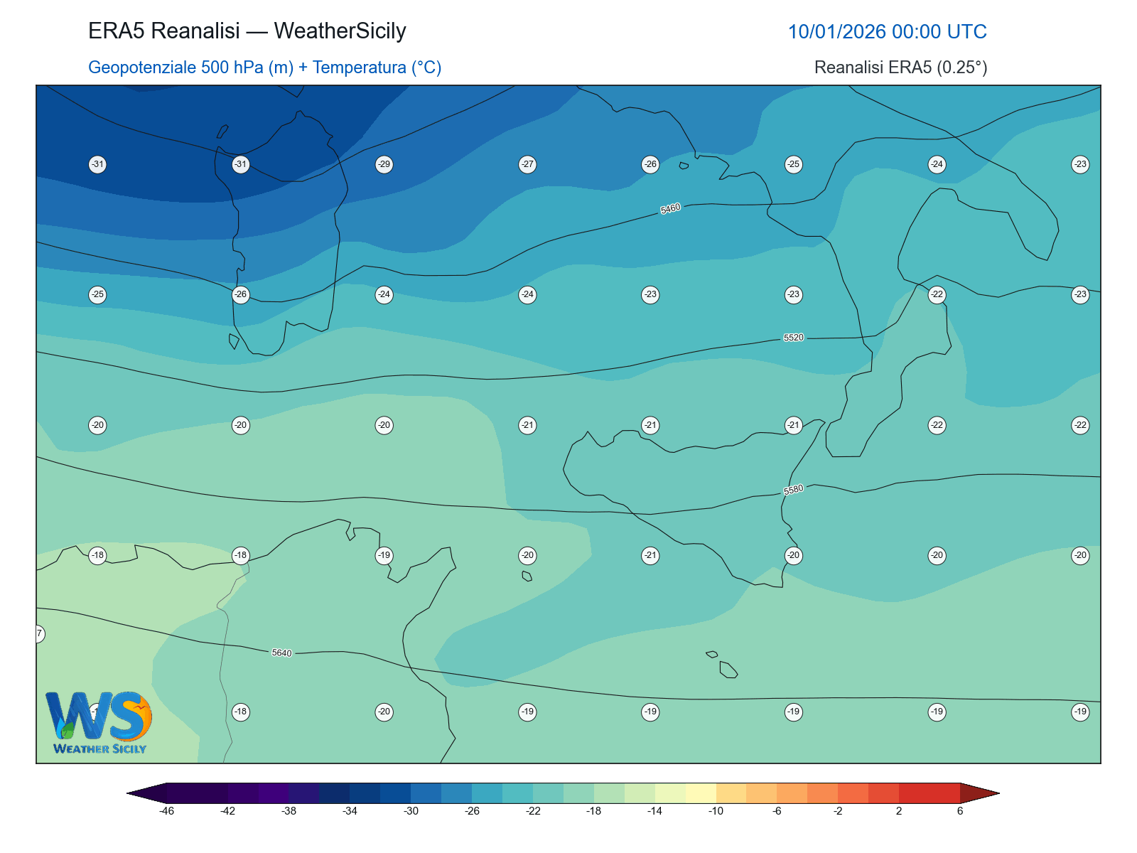 Geopotenziale 500 hPa + Temperatura · 2026011000
