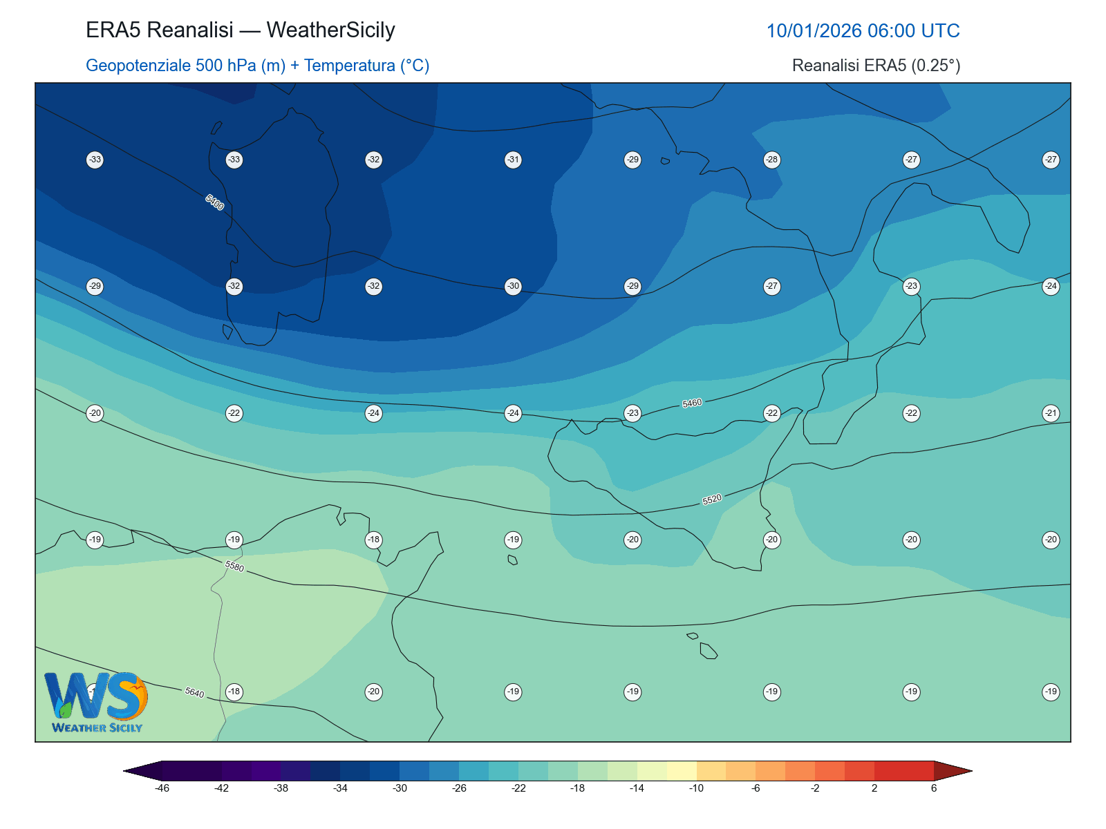Geopotenziale 500 hPa + Temperatura · 2026011006